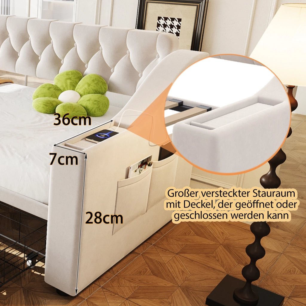 Letto imbottito singolo 90×190 cm con cassetti; USB; ripiani e vani laterali; senza materasso; velluto; beige