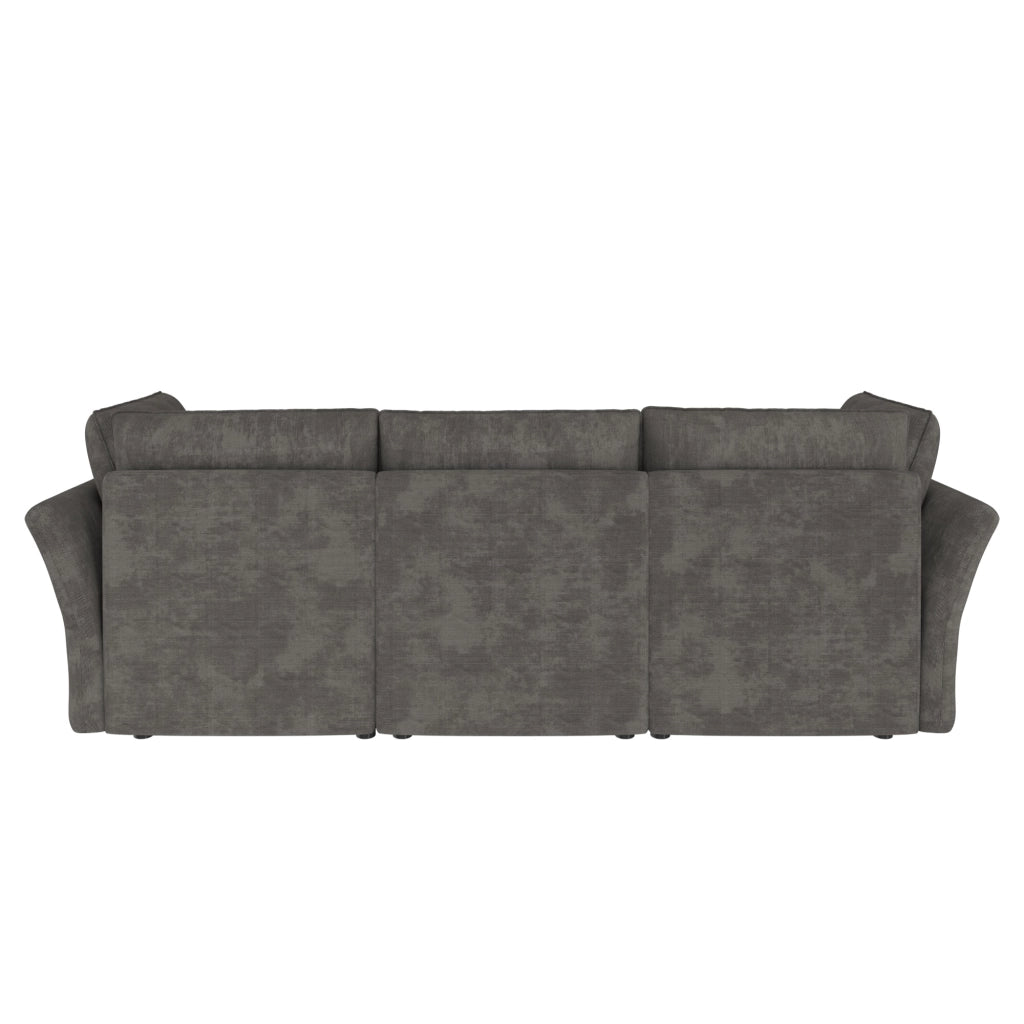 Divano modulare a L con pouf contenitore e cuscini in chenille grigio con braccioli ergonomici 4 5 posti