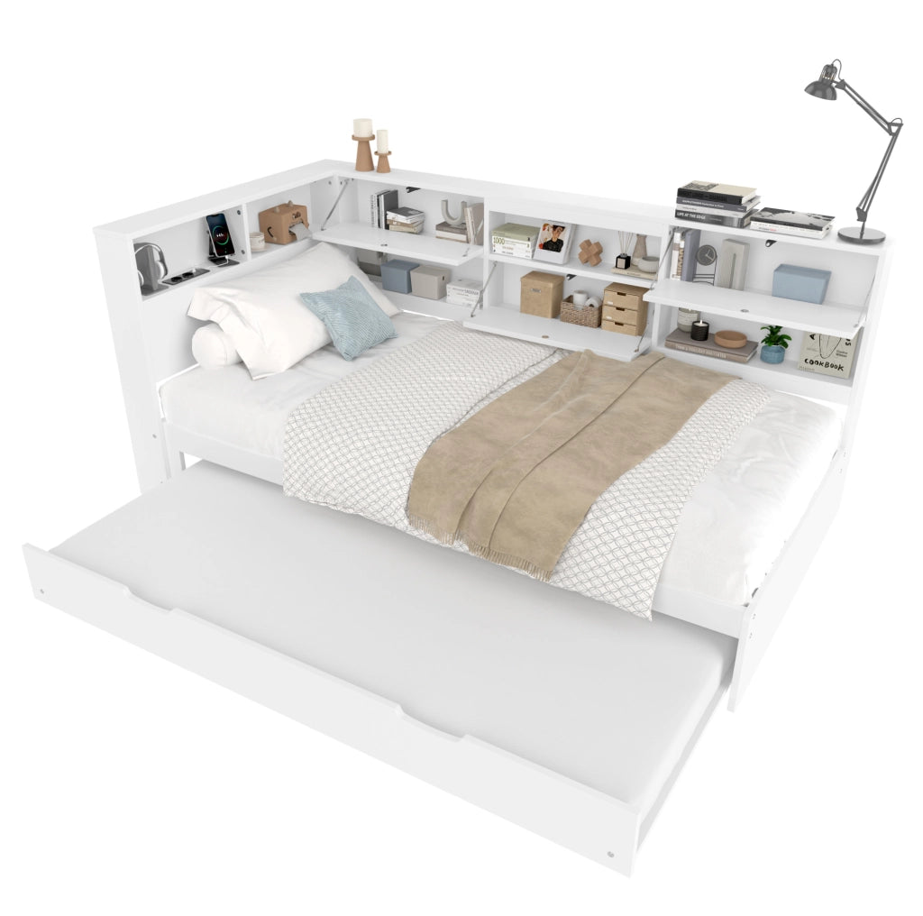 Letto 90x200 cm con testiera contenitore ed estraibile in legno bianco