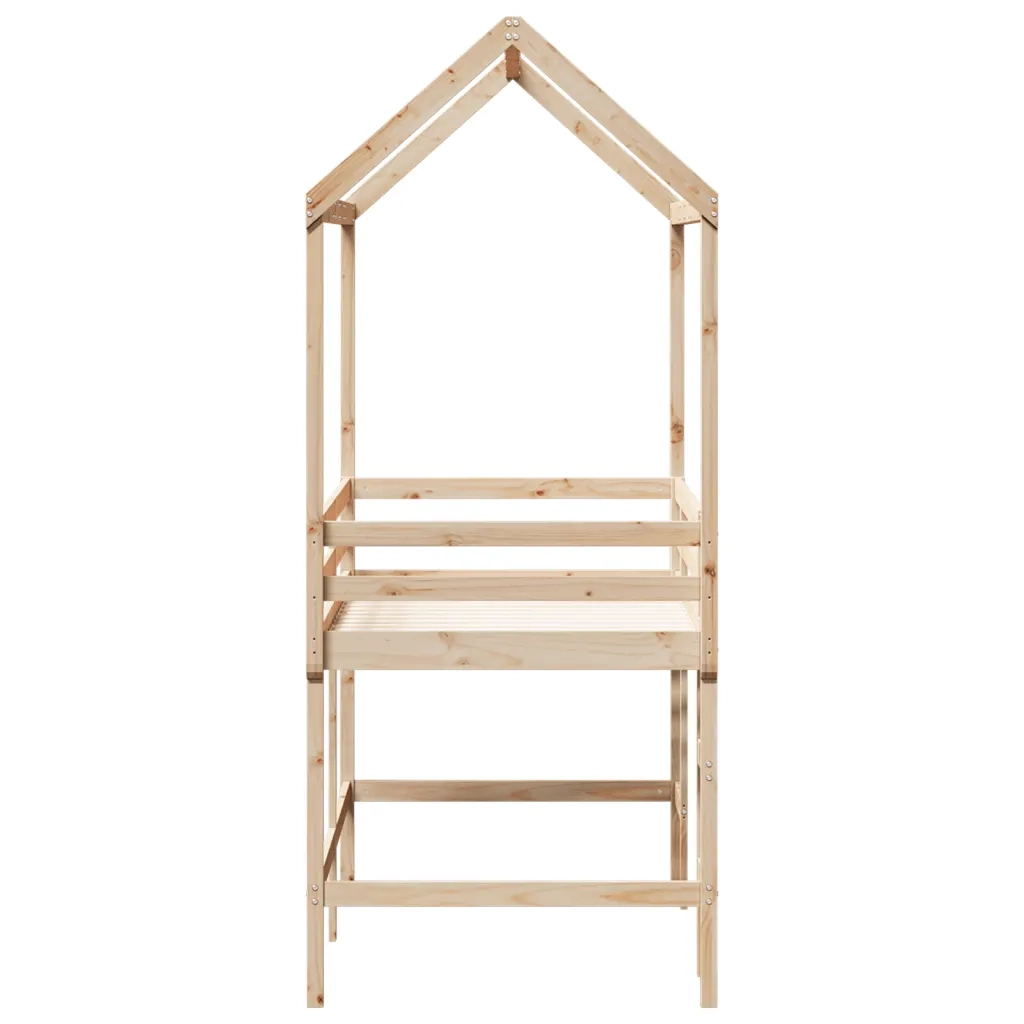 Letto Soppalco con Scala e Tetto 90x190 cm Legno Massello Pino