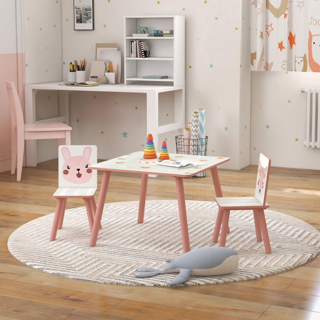 EasyComfort Set Tavolo e Sedie 3 Pezzi per Bambini 3-8 Anni in MDF e Legno di Pino con Disegni di Animali, Rosa