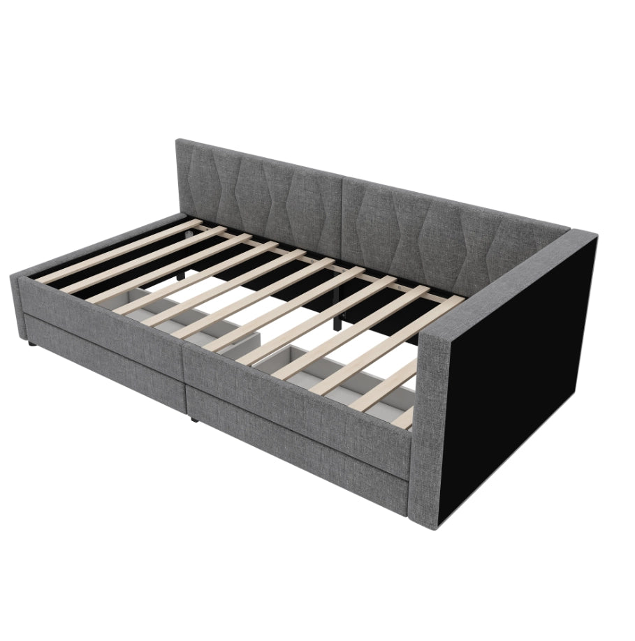 Letto daybed 90x200 cm in lino grigio con LED; USB e Type-C; 2 cassetti e vani contenitore