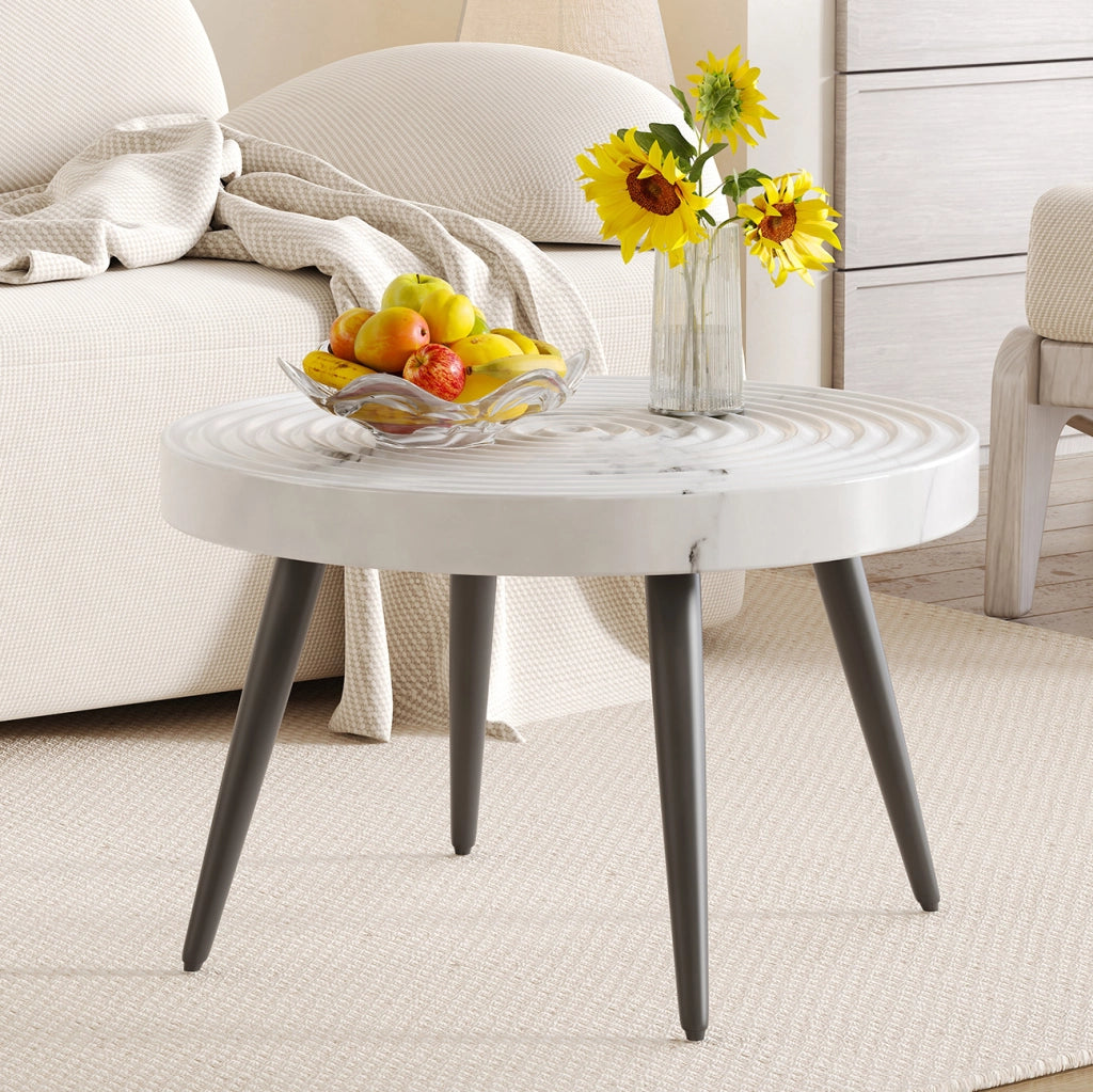 Tavolino rotondo 73.99x73.61x22.5 cm con piano effetto marmo e scanalature; MDF e metallo; bianco