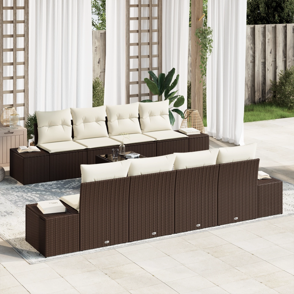 Set Divano da Giardino 9 Pezzi con Cuscini Marrone Polyrattan