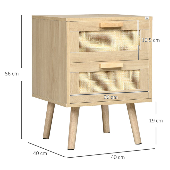 Set 2 Comodini con 2 Cassetti 40x40x56 cm in Legno e Rattan Naturale