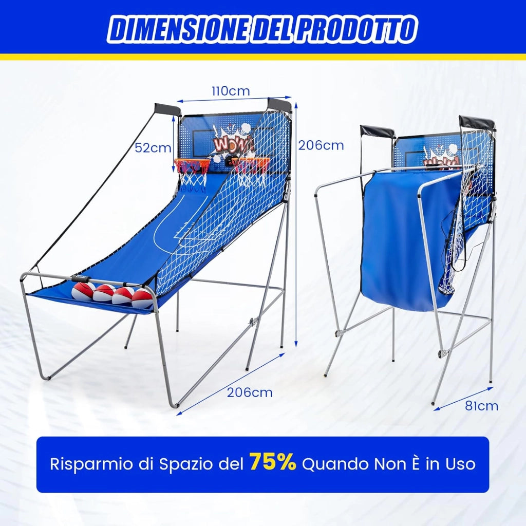 Macchina da Pallacanestro Elettronica Pieghevole, Gioco Arcade da Basket a Doppio Tiro per Casa con 8 Modalità di Gioco, Suono Arcade, Punteggio Elettronico, 4 Palloni e Pompa (Blu)
