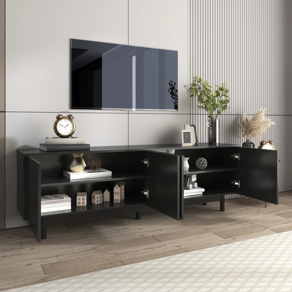 Mobile TV nero con 4 ante push-to-open e ripiani regolabili, 175x38x56 cm