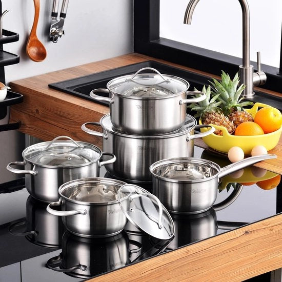 Set di pentole in acciaio inossidabile - Induzione - 5 pezzi - con coperchio in vetro - pentole da cucina
