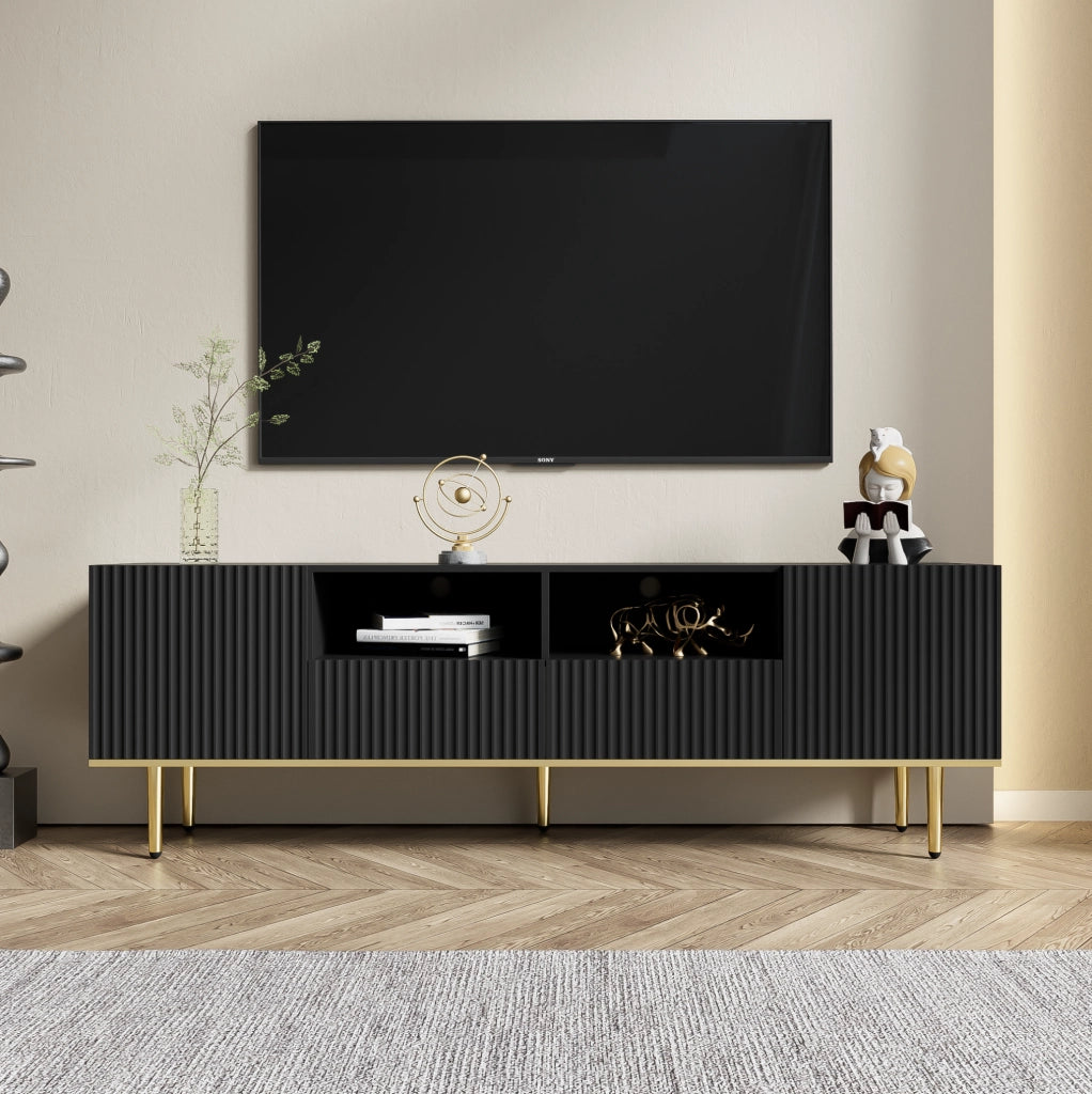 Mobile TV 165x36x55 cm; 2 vani e 2 cassetti con apertura a pressione; pannello truciolare nero e oro