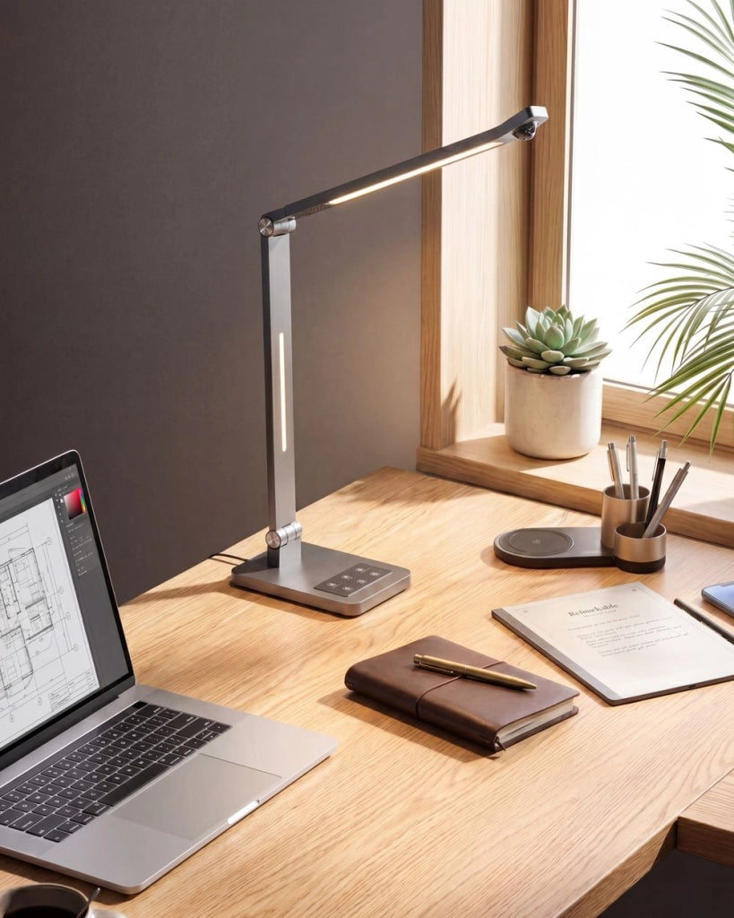 Lampada da scrivania a LED sintetico Braccio regolabile Paralume rotante Dimmer Sensore di movimento 3 colori Casa Ufficio Grigio