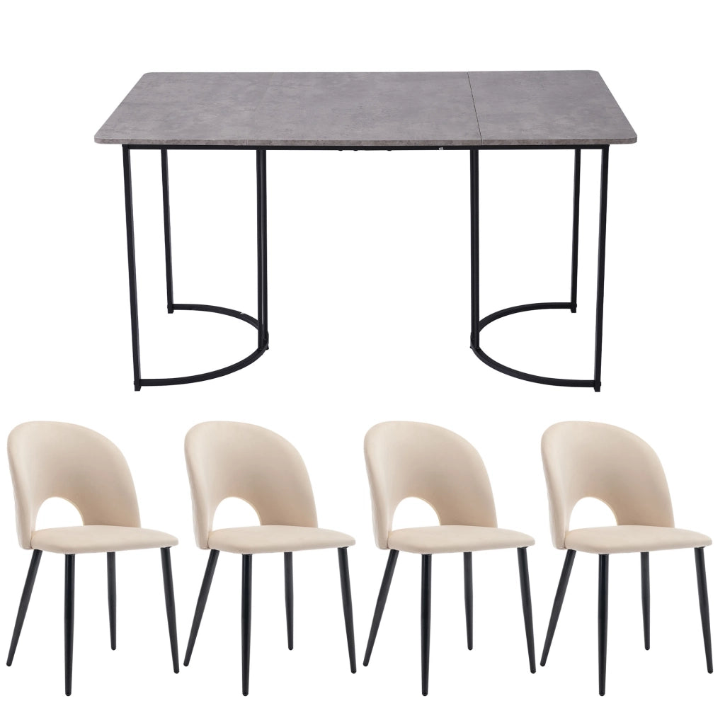 Set Tavolo da Pranzo Allungabile con 4 Sedie ¨C MINIMAL ¨C Piano Grigio MDF, Velluto Beige, 140x80 cm