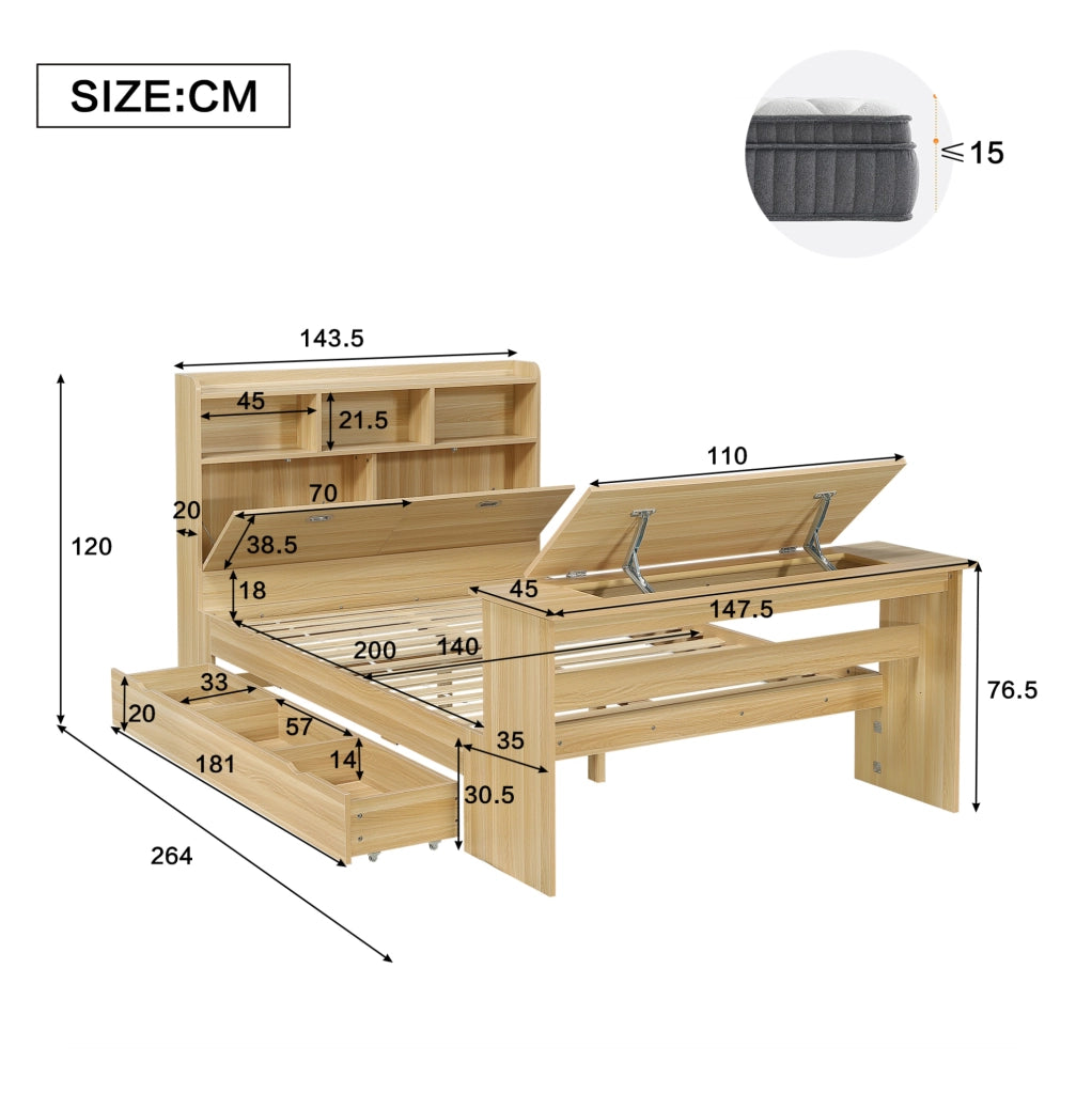 Letto multifunzione in legno 140x200 cm con contenitore e tavolo pieghevole