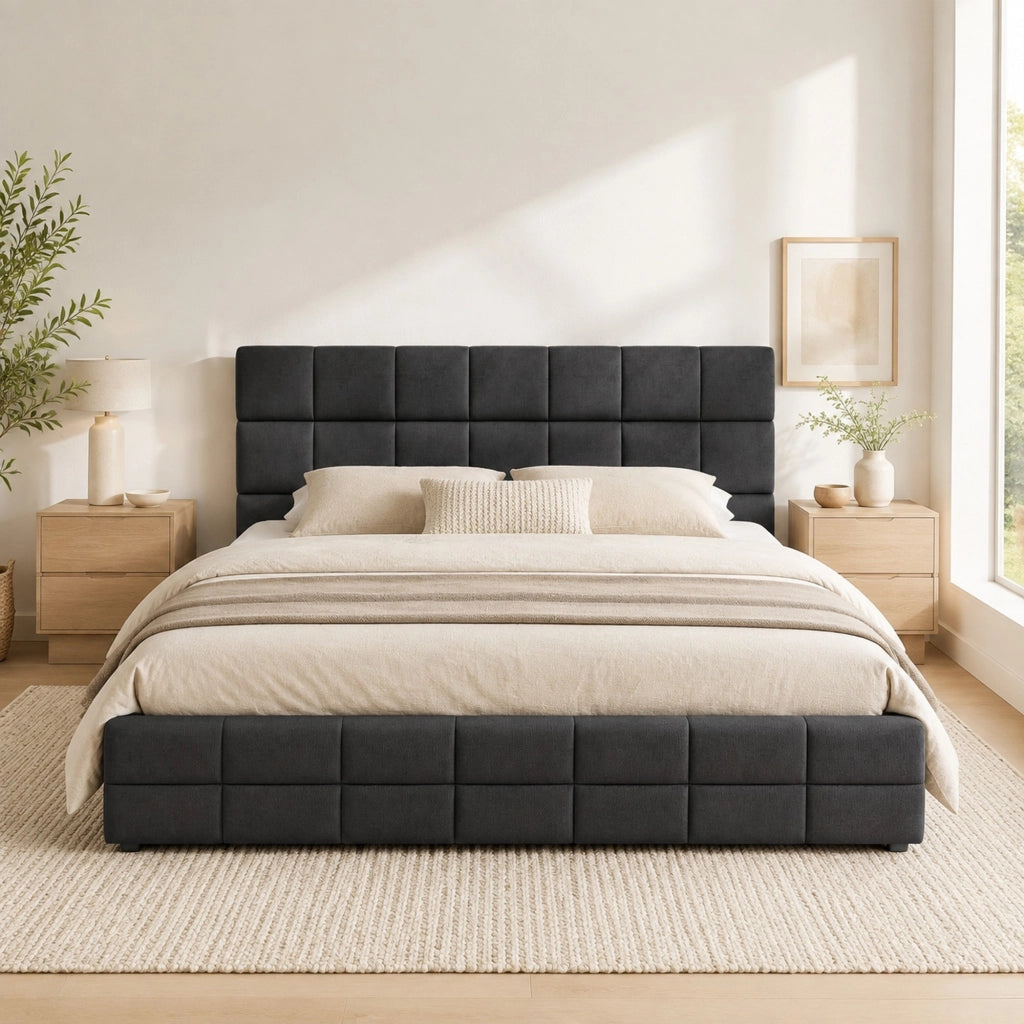 Letto imbottito con testiera 180x200 cm in velluto nero; struttura in MDF e compensato