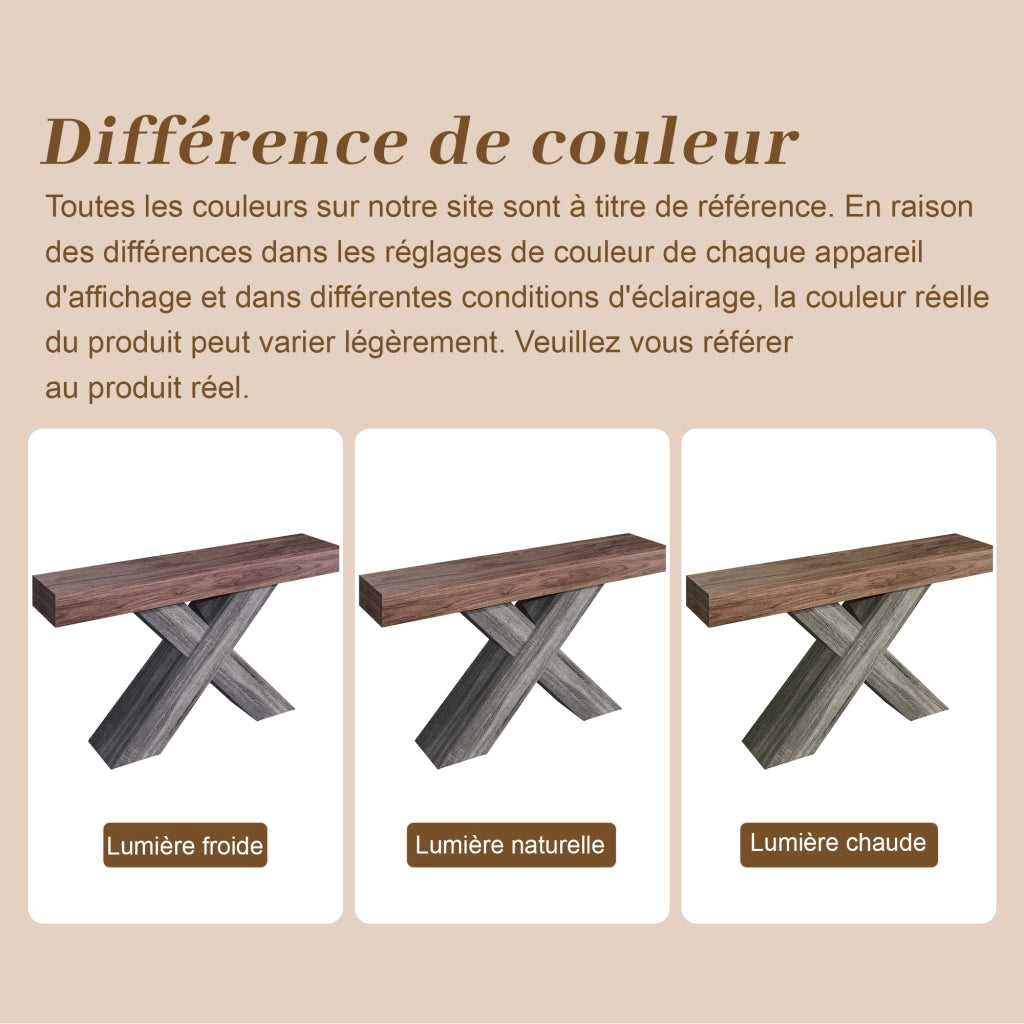 Consolle stretta con supporto a x, piano effetto legno e struttura in truciolare, noce, 140 × 30 × 80 cm