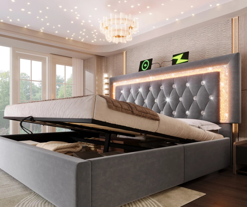Letto matrimoniale 160x200 cm in velluto grigio con LED; USB e USB-C; contenitore idraulico