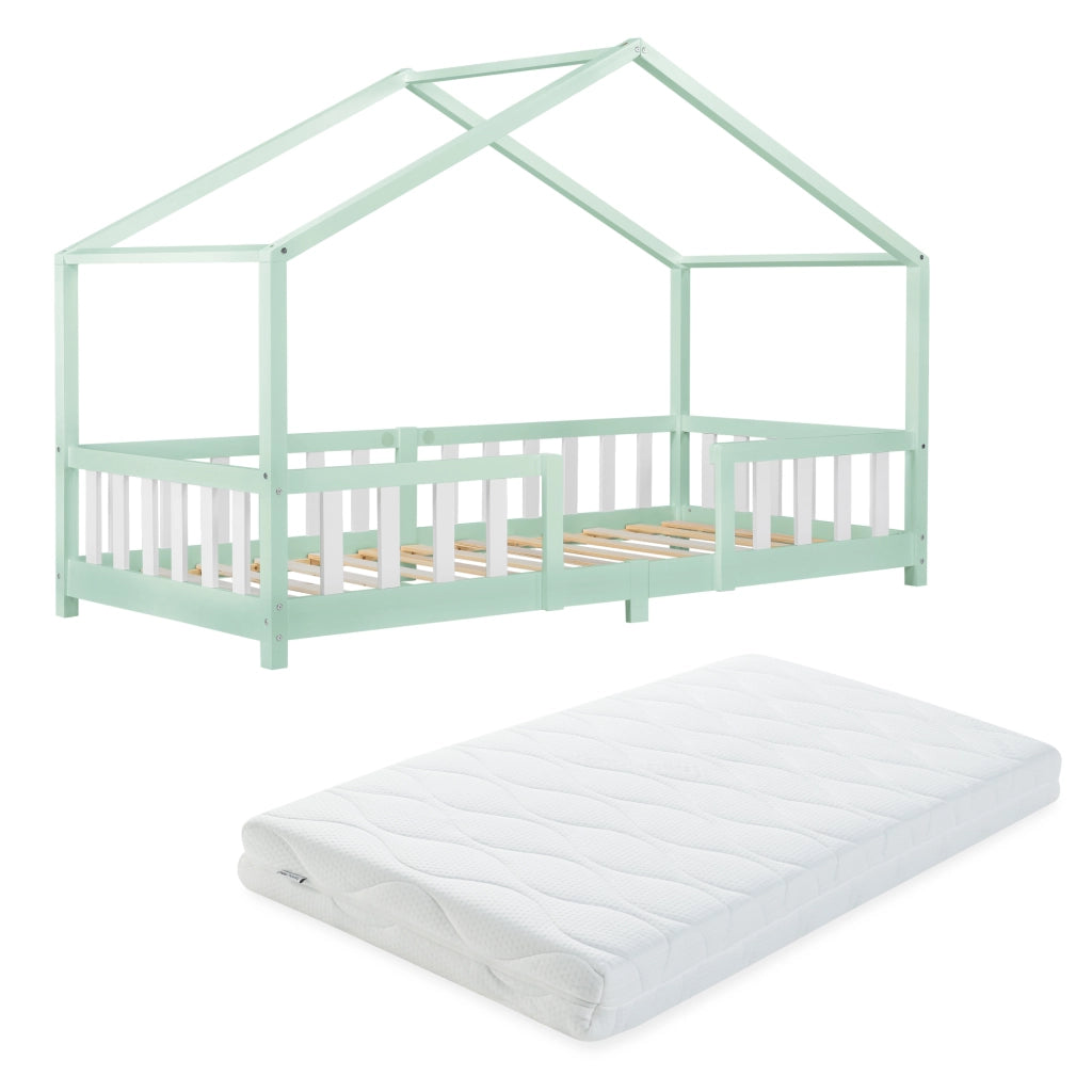 Letto per Cameretta Treviolo a Forma di Casetta in Stile Montessori con Materasso 90x200 cm - Menta Verde/Bianco [en.casa]