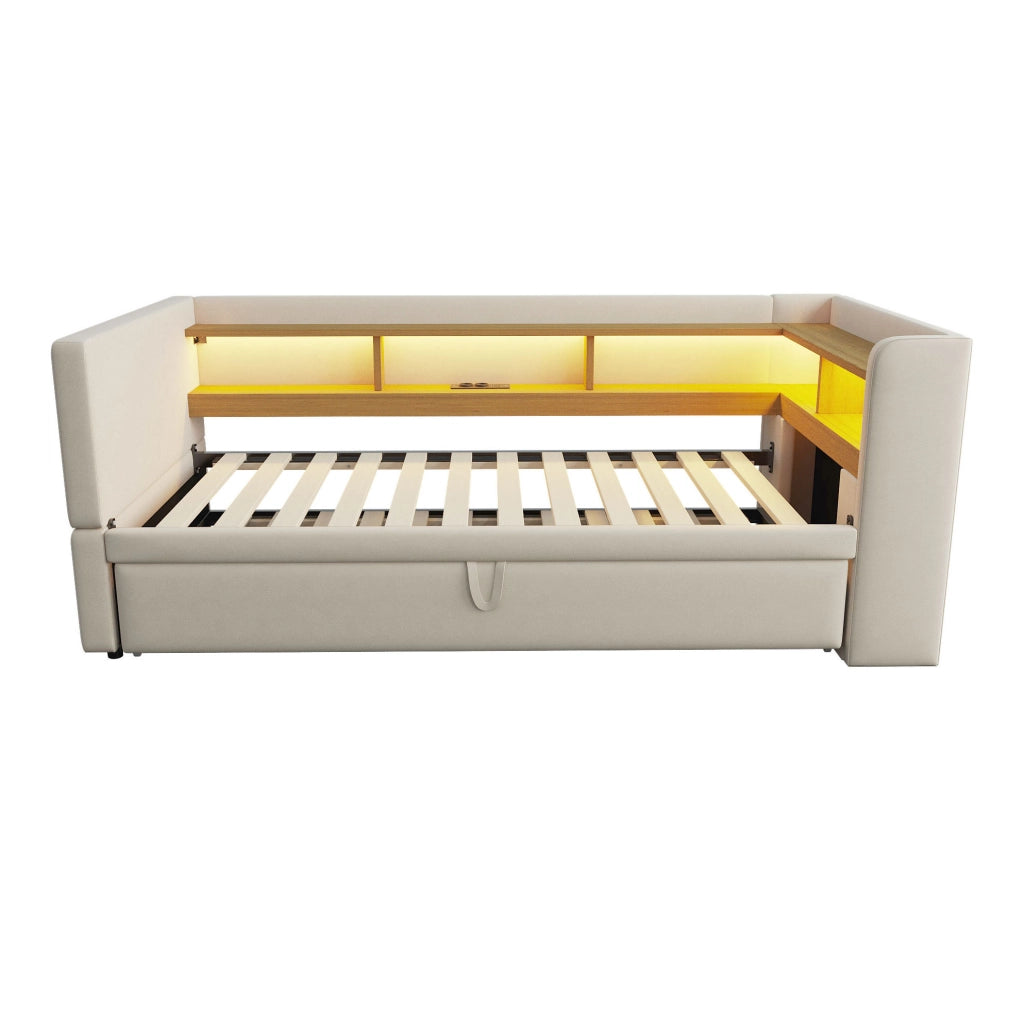 Divano letto estraibile 90/180x190 cm con LED, prese e vani beige