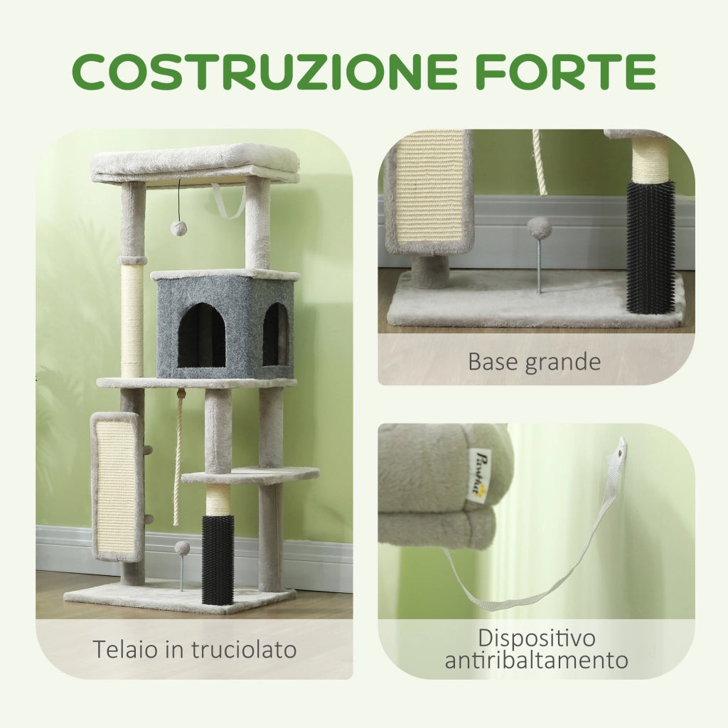 Albero per Gatti Multilivello con Casetta, Lettino e Pali Tiragraffi ¨C Zephmum ¨C Grigio 132 cm