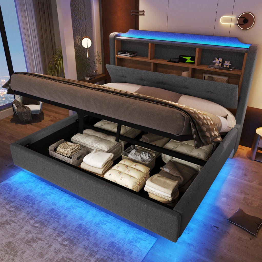 Letto imbottito 140x200 cm con LED, vano contenitore idraulico e prese USB