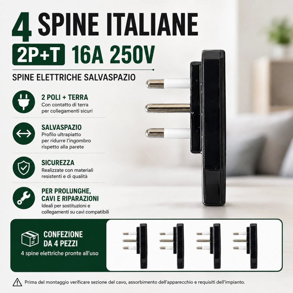 4 Spine Elettriche Ultrapiatte 90° 2P+T 16A 250V Salvaspazio 1027AN