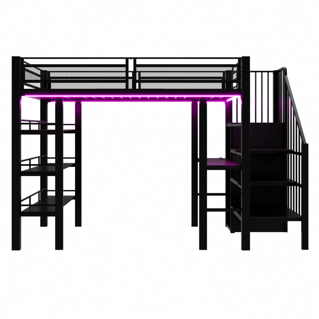 Letto a soppalco ULEVR 90x200 cm con scrivania, armadio, scaffale a 3 livelli, LED e presa, nero