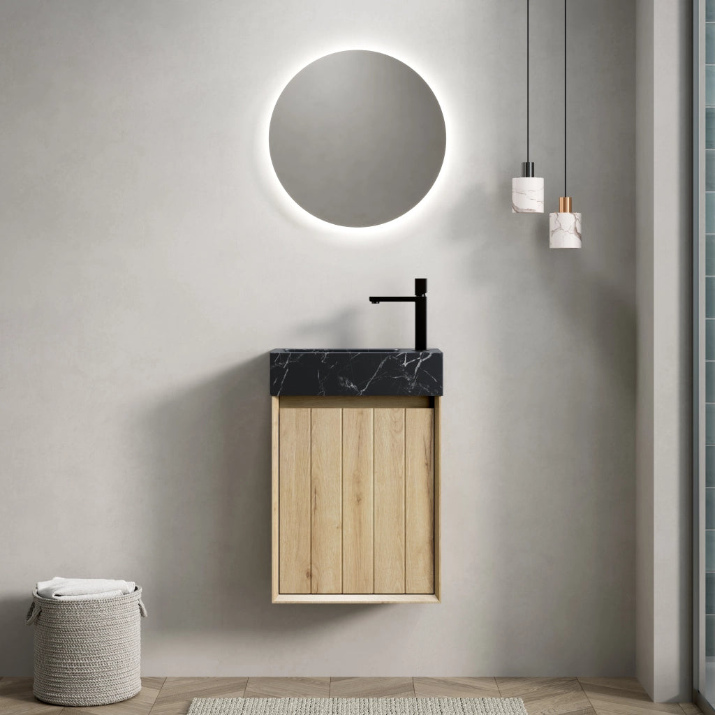 LAVABO bagno integrato in marmo nero e rovere bianco, compatto