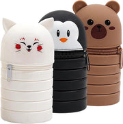 Pennenetui 2-in-1 in silicone morbido - portapennelli per studenti - pinguino gatto orso - nero bianco marrone.