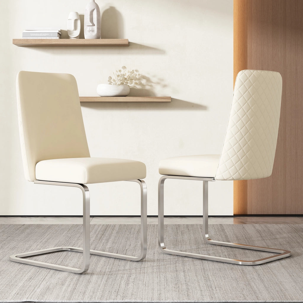 Sedia da pranzo in velluto 2 pezzi con schienale a rombi e gambe in metallo per soggiorno beige e argento