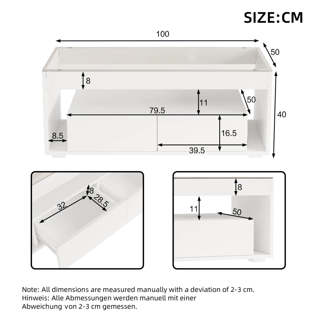 Tavolino basso con LED, 2 cassetti e 2 vani aperti, piano in vetro temperato, per soggiorno, bianco, 100 × 50 × 40 cm