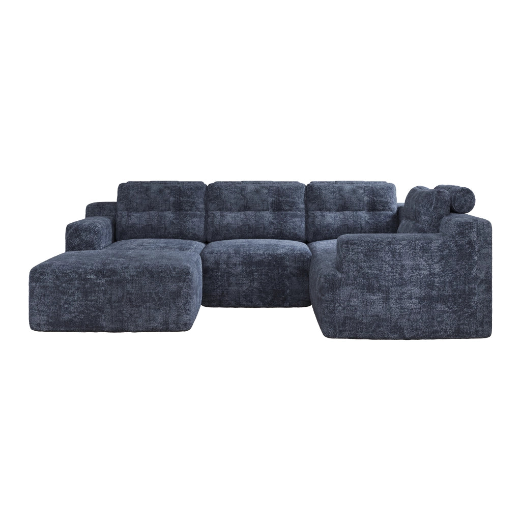 Divano modulare 5 posti con pouf e schienale alto in chenille blu 252 × 180 × 82 cm