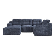 Divano modulare 5 posti con pouf e schienale alto in chenille blu 252 × 180 × 82 cm