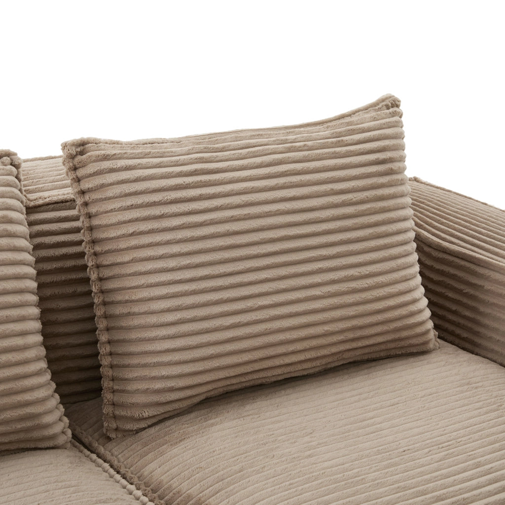 Divano modulare in corduroy khaki con portabicchieri, tasche laterali e 2 pouf