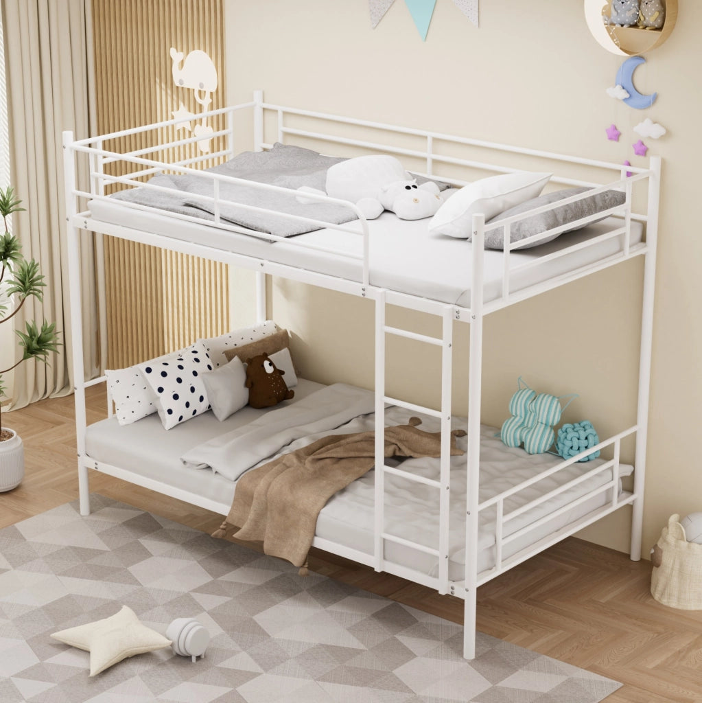 Letto a castello in acciaio bianco 90 x 190 cm con scala e sponde