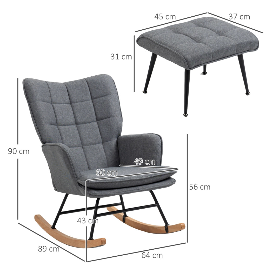 Poltrona a dondolo con pouf, schienale alto imbottito e braccioli, base in legno di faggio, in poliestere grigio 64 × 89 × 90 cm