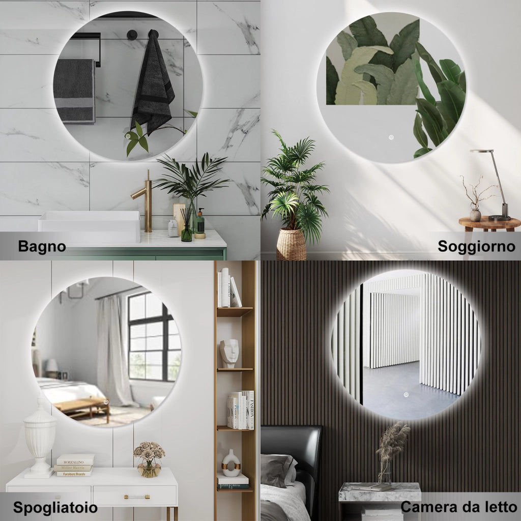 AICA Specchio da bagno 90 x 90 cm, antiappannamento, dimmerabile, interruttore touch, Funzione Memoria