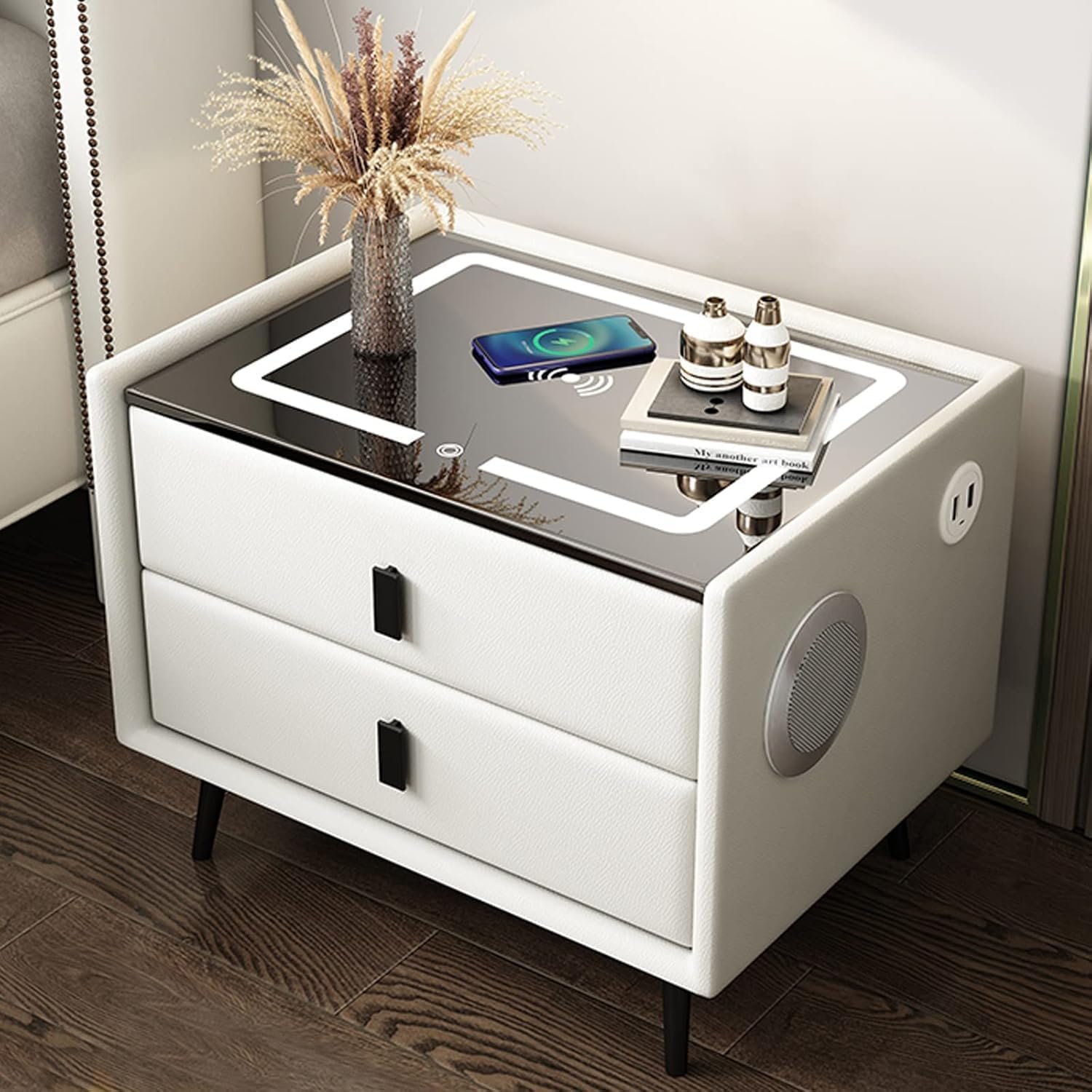 Comodino Intelligente con Ricarica Wireless e USB, Altoparlante Bluetooth, Comodino LED Multifunzionale con 3 Colori Oscurabili per Camera da Letto Bianco