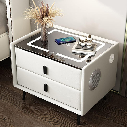 Comodino Intelligente con Ricarica Wireless e USB, Altoparlante Bluetooth, Comodino LED Multifunzionale con 3 Colori Oscurabili per Camera da Letto Bianco