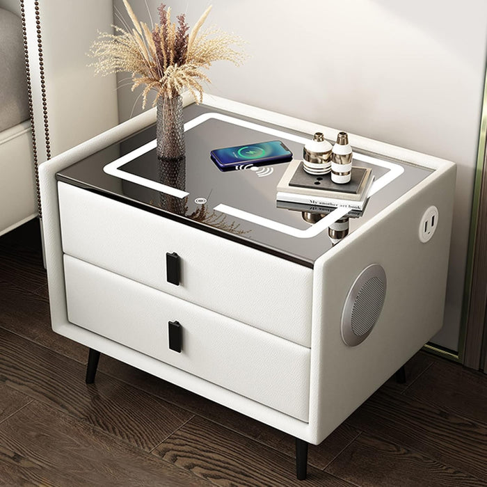 Comodino Intelligente con Ricarica Wireless e USB, Altoparlante Bluetooth, Comodino LED Multifunzionale con 3 Colori Oscurabili per Camera da Letto Bianco