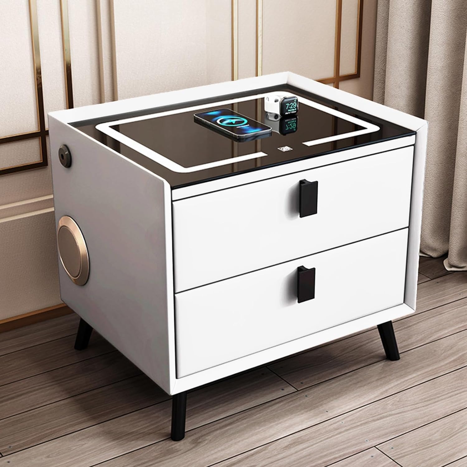 Comodino Intelligente con Ricarica Wireless e USB, Altoparlante Bluetooth, Comodino LED Multifunzionale con 3 Colori Oscurabili per Camera da Letto Bianco