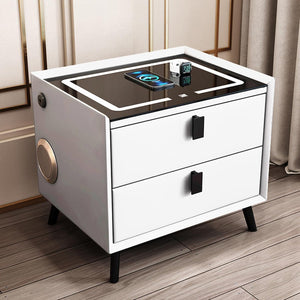 Comodino Intelligente con Ricarica Wireless e USB, Altoparlante Bluetooth, Comodino LED Multifunzionale con 3 Colori Oscurabili per Camera da Letto Bianco