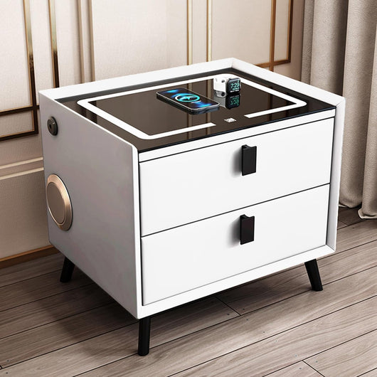 Comodino Intelligente con Ricarica Wireless e USB, Altoparlante Bluetooth, Comodino LED Multifunzionale con 3 Colori Oscurabili per Camera da Letto Bianco