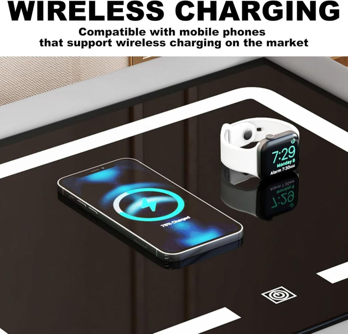 Comodino Intelligente con Ricarica Wireless e USB, Altoparlante Bluetooth, Comodino LED Multifunzionale con 3 Colori Oscurabili per Camera da Letto Bianco