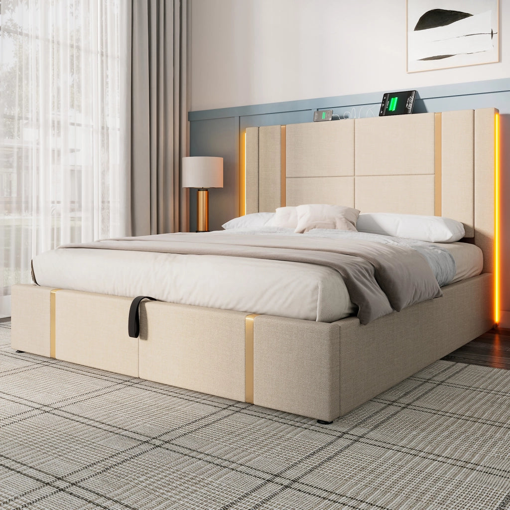 Letti contenitori 160x200 cm; rete contenitore con ricarica USB e LED; lino beige (Senza materasso)