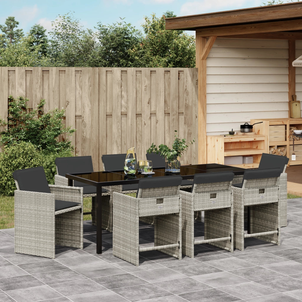 Set da Pranzo per Giardino  9 Pezzi con Cuscini Grigio Chiaro in Polyrattan