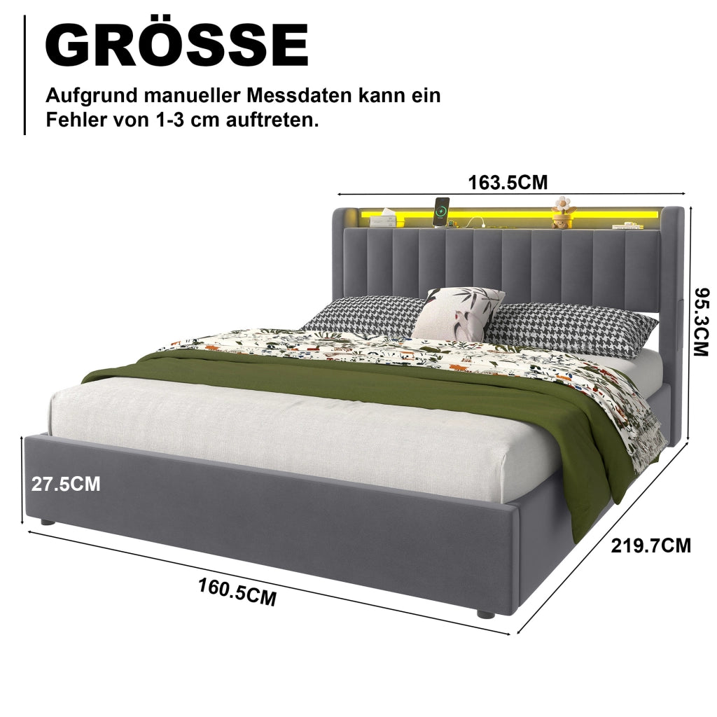 LETTO Imbottito 160 x 200 cm Grigio Scuro con Contenitore, USB e LED