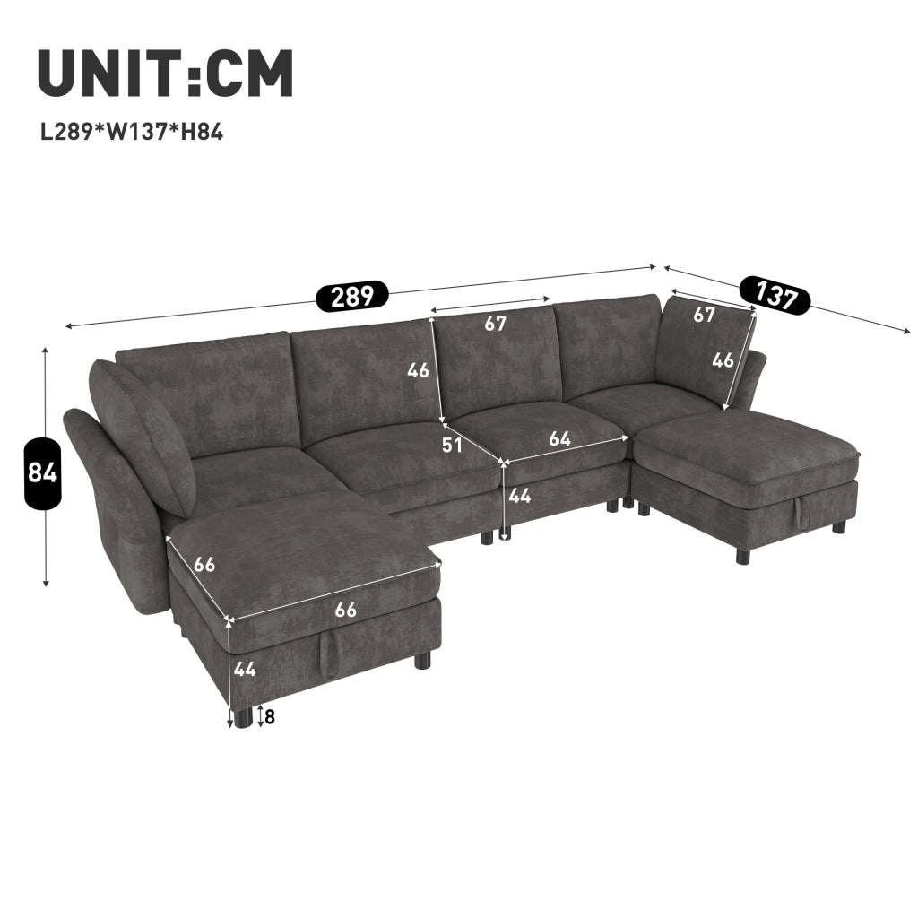 Divano modulare a U con 2 pouf contenitore, 6-7 posti, rivestimento in chenille, colore grigio