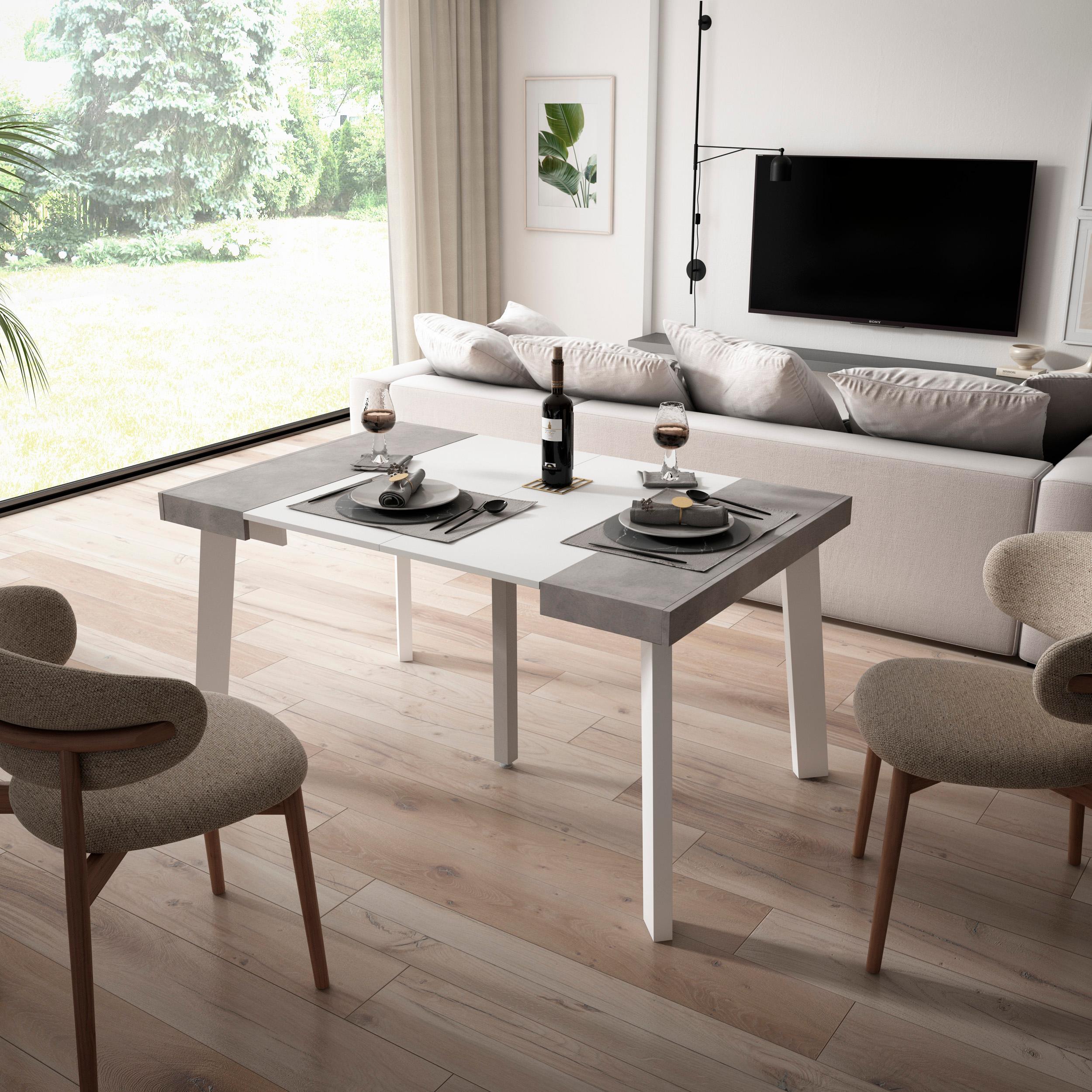 Consolle allungabile, 140x90x73cm, Per 6 persone, Gambe in legno, Bianco e grigio cemento RF3124