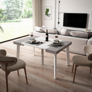 Consolle allungabile, 140x90x73cm, Per 6 persone, Gambe in legno, Bianco e grigio cemento RF3124