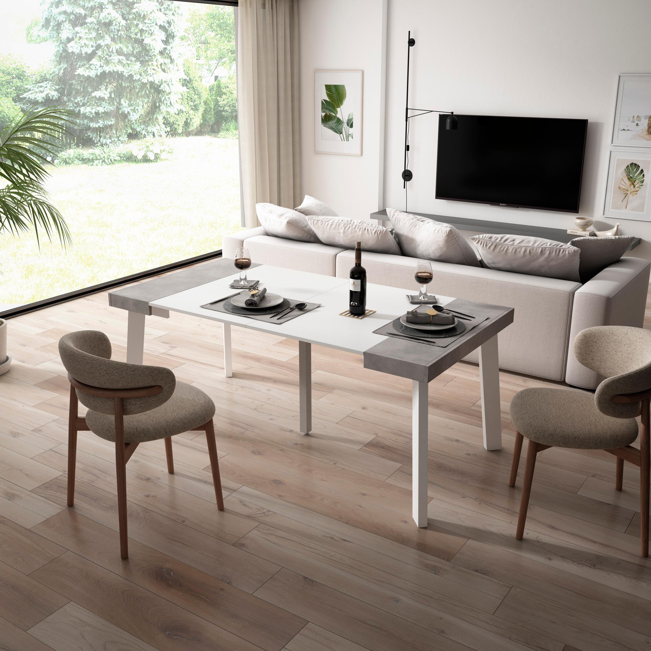 Consolle allungabile, 180x90x73cm, Per 8 persone, Gambe in legno, Bianco e grigio cemento RF2988