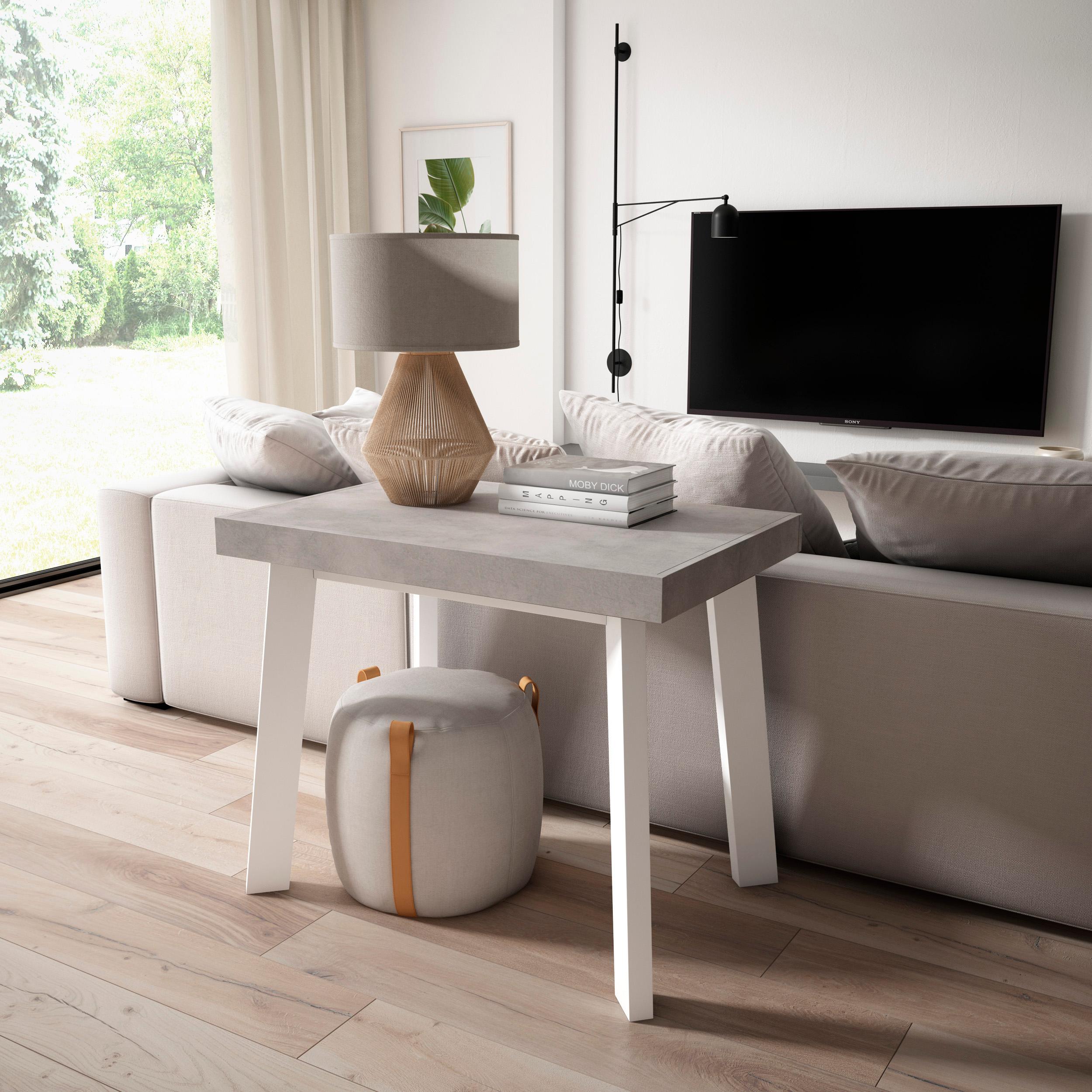 Consolle allungabile, 180x90x73cm, Per 8 persone, Gambe in legno, Bianco e grigio cemento RF2988